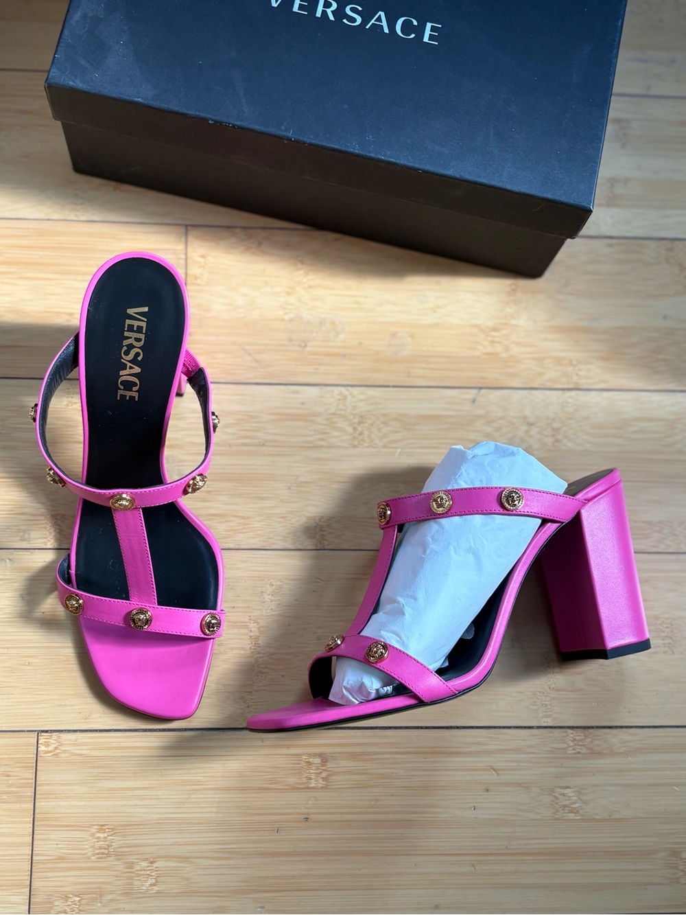 Versace Hot Pink Medusa Strap Block Heel Sandals - Picture 2 of 3